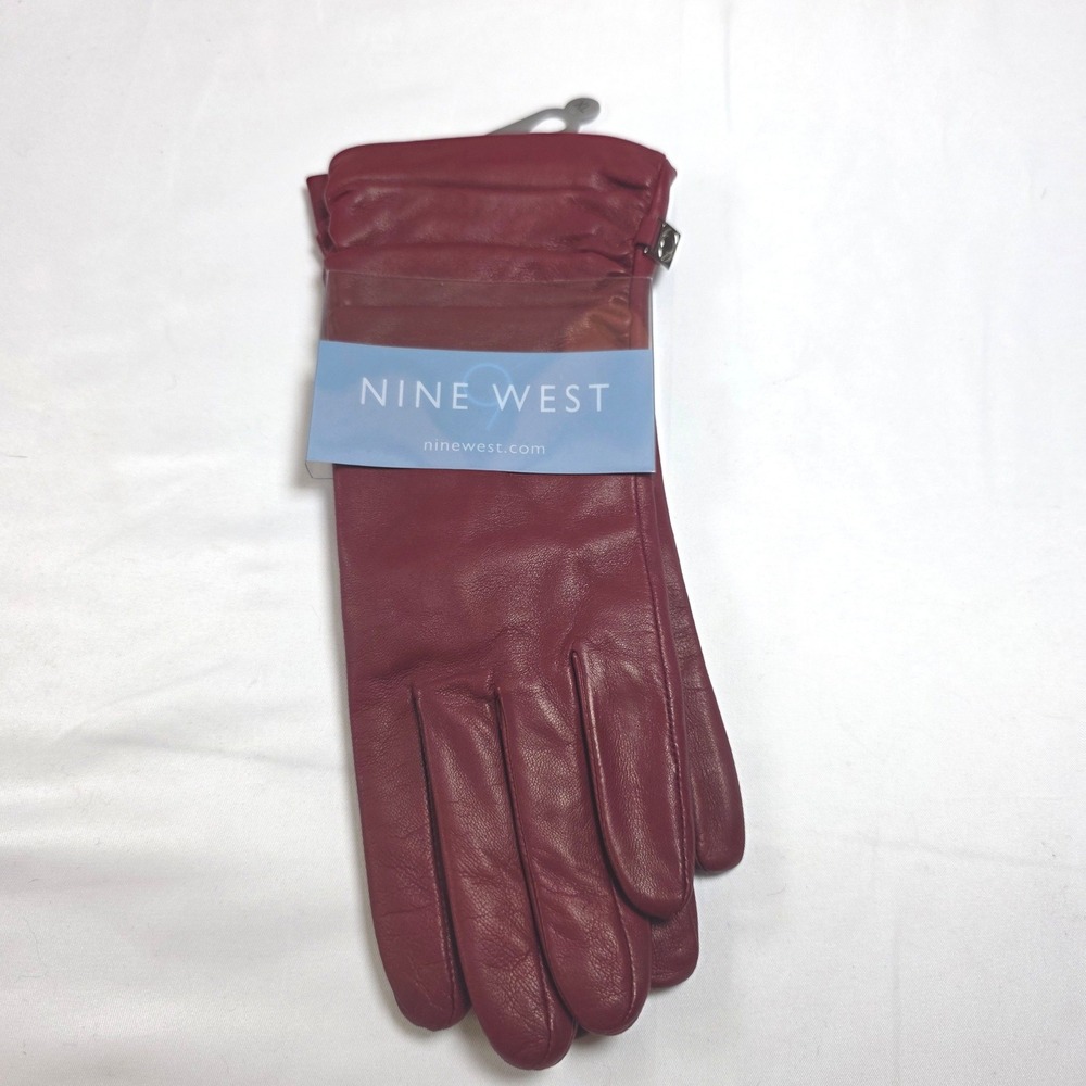 Nine West Womens Burgundy Genuine Leather Gloves XL Red Gathered Wrist New